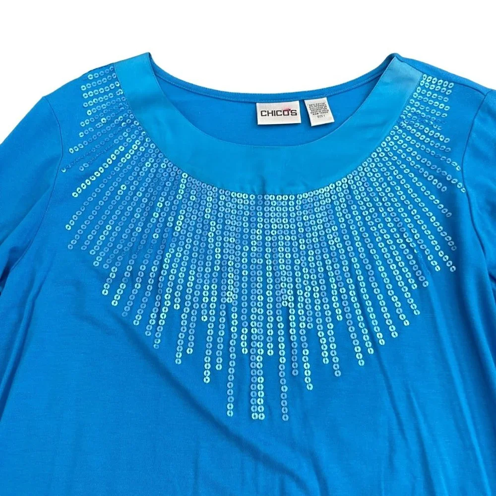 Chico's Women's Teal Sequin LS Top Blouse, Size 1 (US S) - Picture 2 of 7